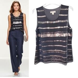Coldwater Creek Black Silver Sequin Tank Top Women's M Chiffon Lined Cocktail